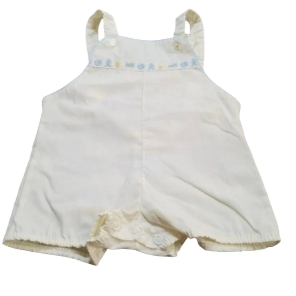 Vintage 70s 80s Pastel Yellow Embroidered Baseball Teddy Bear Train Baby Outfit